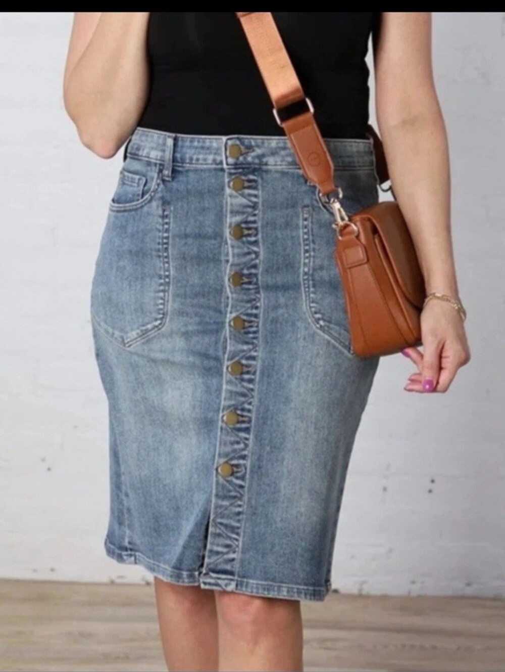 KUT From The Kloth Rose Button Front Denim Straight Skirt 12 Blue Stretch. #F